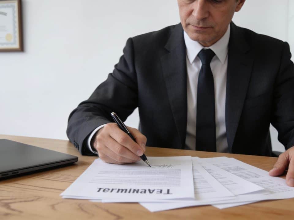 Directeur signant documents licenciement à son bureau