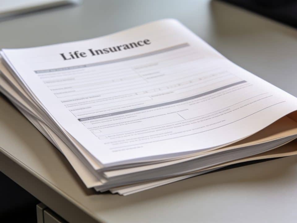 Documents d'assurance-vie empilés sur un bureau professionnel.