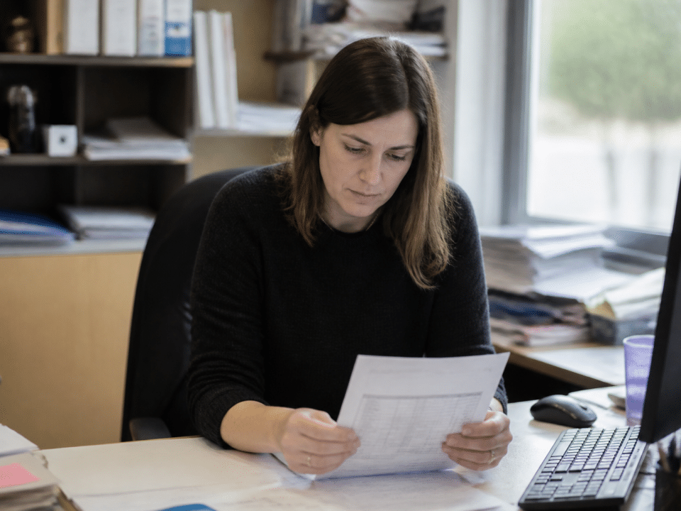 Employé assis à son bureau consultant son contrat horaire
