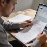 Homme consultant documents fiscaux à son bureau domicile