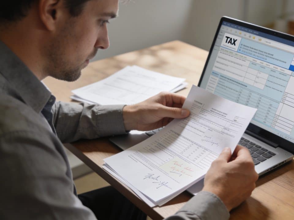 Homme consultant documents fiscaux à son bureau domicile