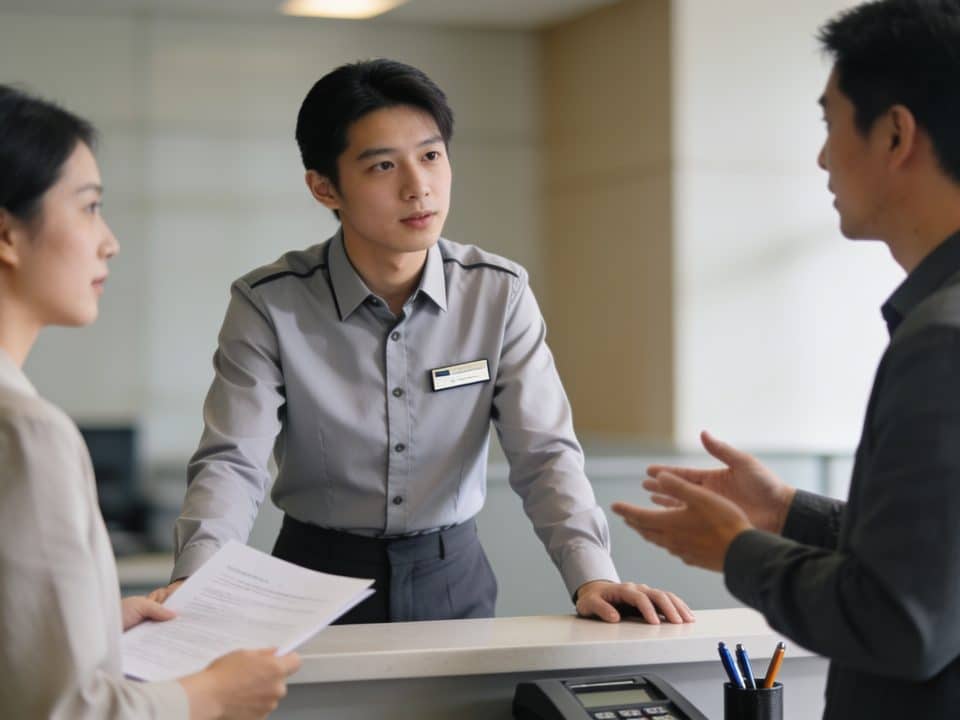Jeune employe en uniforme servant des clients comptoir