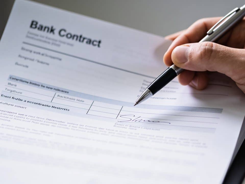 Personne tenant contrat bancaire, stylo suspendu au-dessus du document