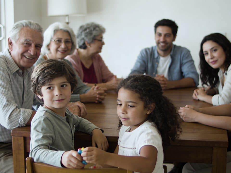 Plusieurs generations d'une famille reunies autour table.