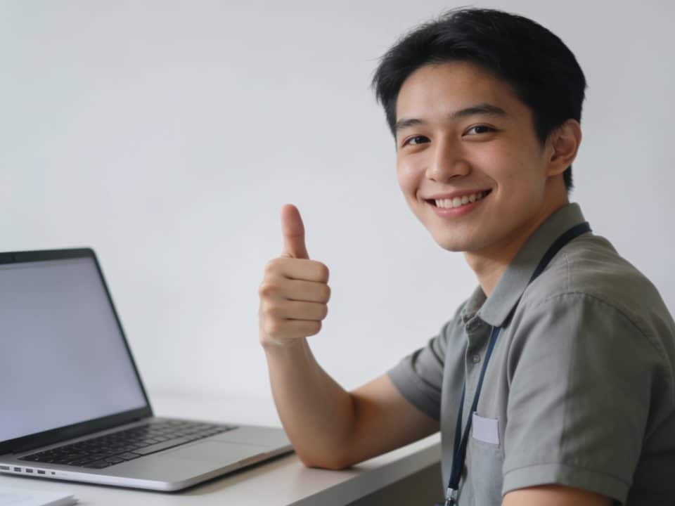 Stagiaire souriant devant ordinateur portátil, pouce levé.